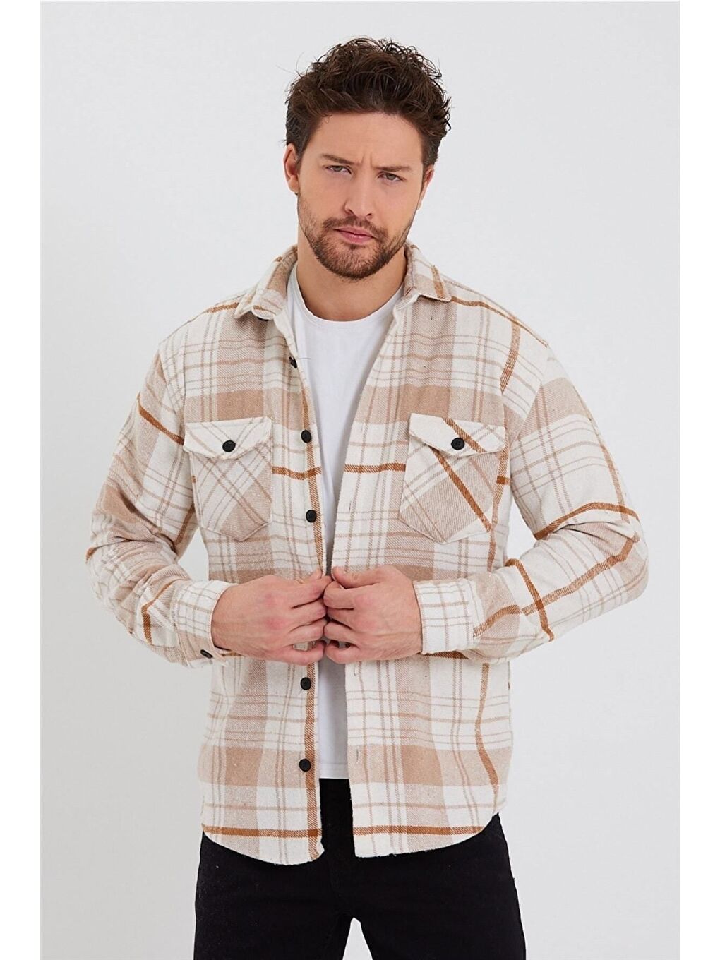 Tarz Cool Turuncu Erkek Kırık Beyaz turuncu Çift Cep Kapaklı Slim Fit Oduncu Gömlek - 3