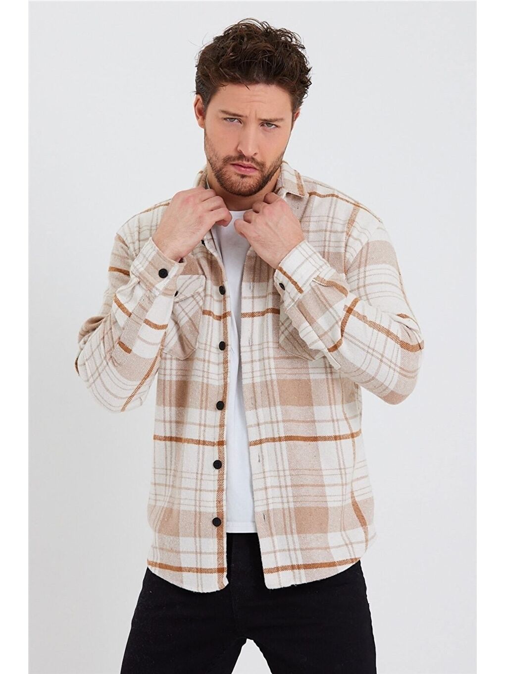 Tarz Cool Turuncu Erkek Kırık Beyaz turuncu Çift Cep Kapaklı Slim Fit Oduncu Gömlek - 4