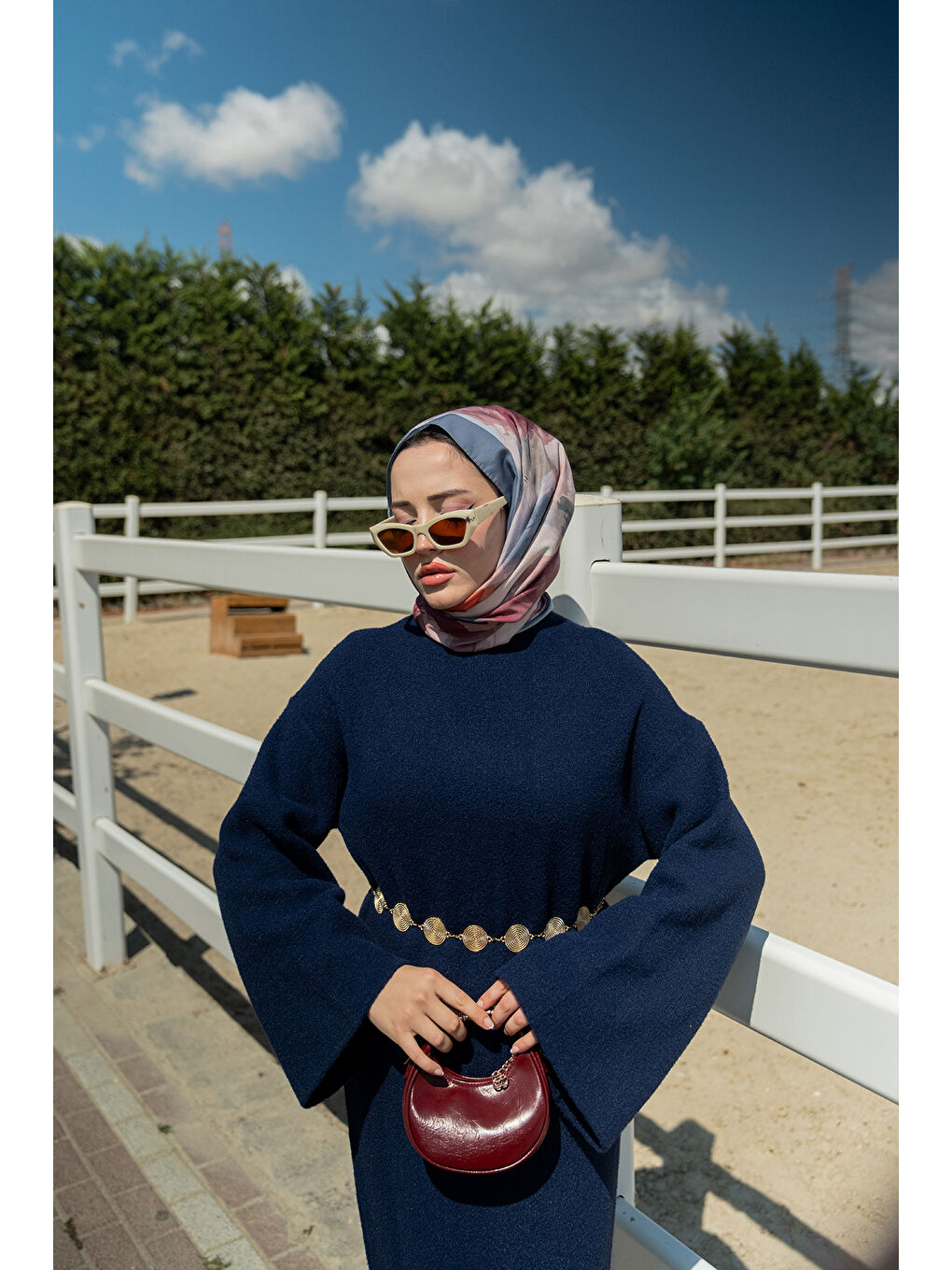 Kadın Kemerli Triko Elbise Lacivert-3