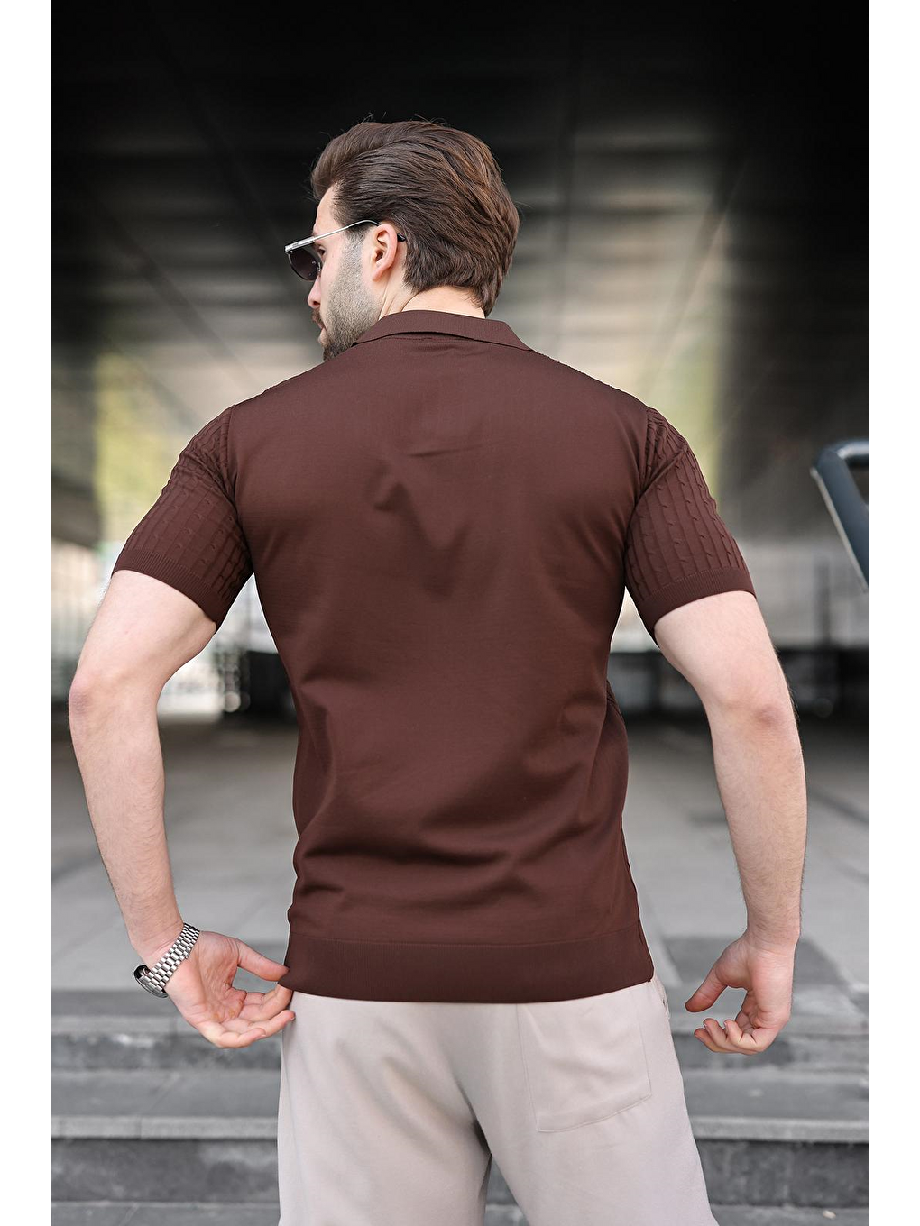 Kahverengi Slim Fit Polo Yaka Triko Erkek Tişört E7472-3
