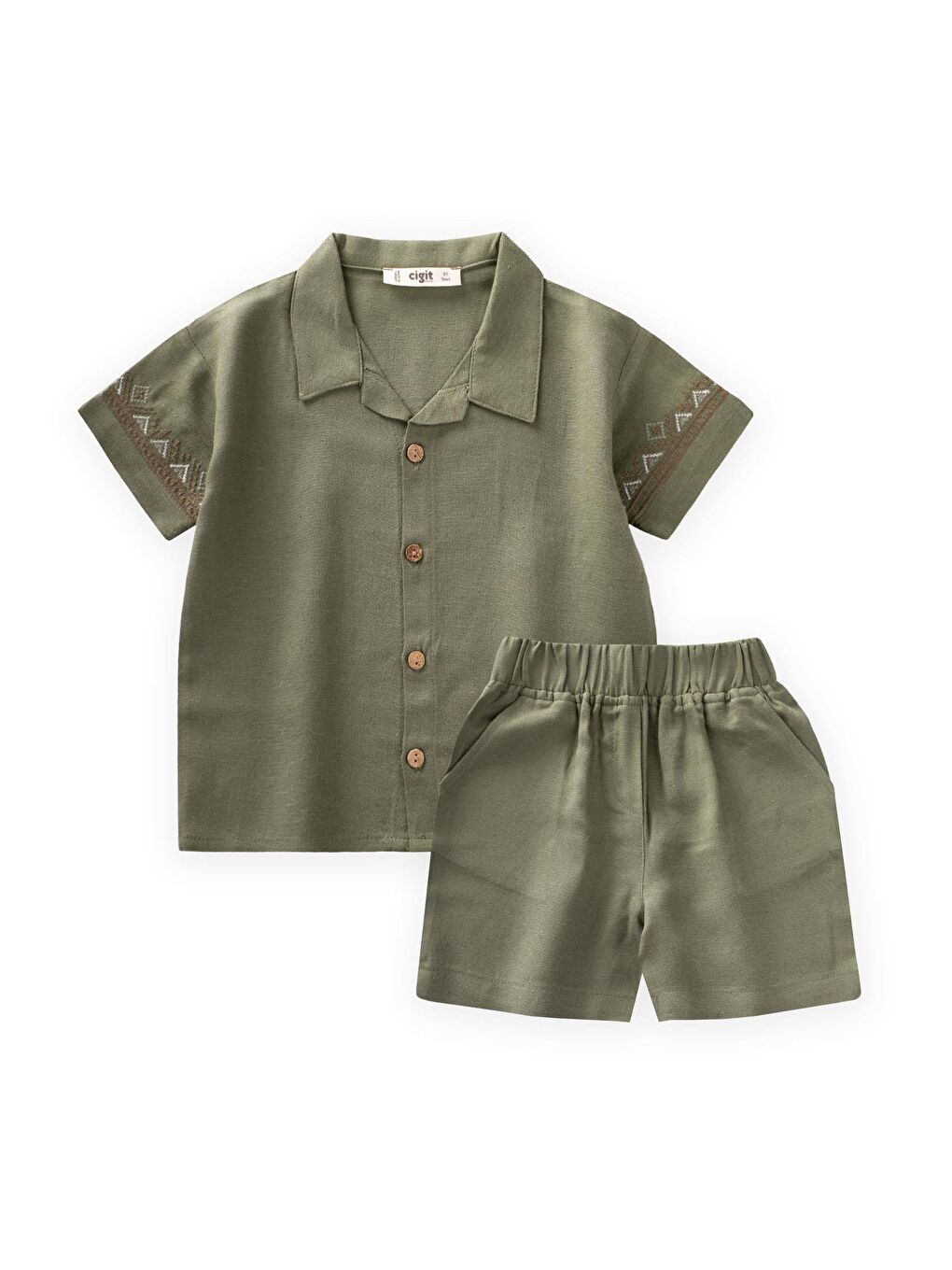 Kolları Nakışlı Gömlek Şort Keten Takım 2-7 Yaş Haki Yeşil