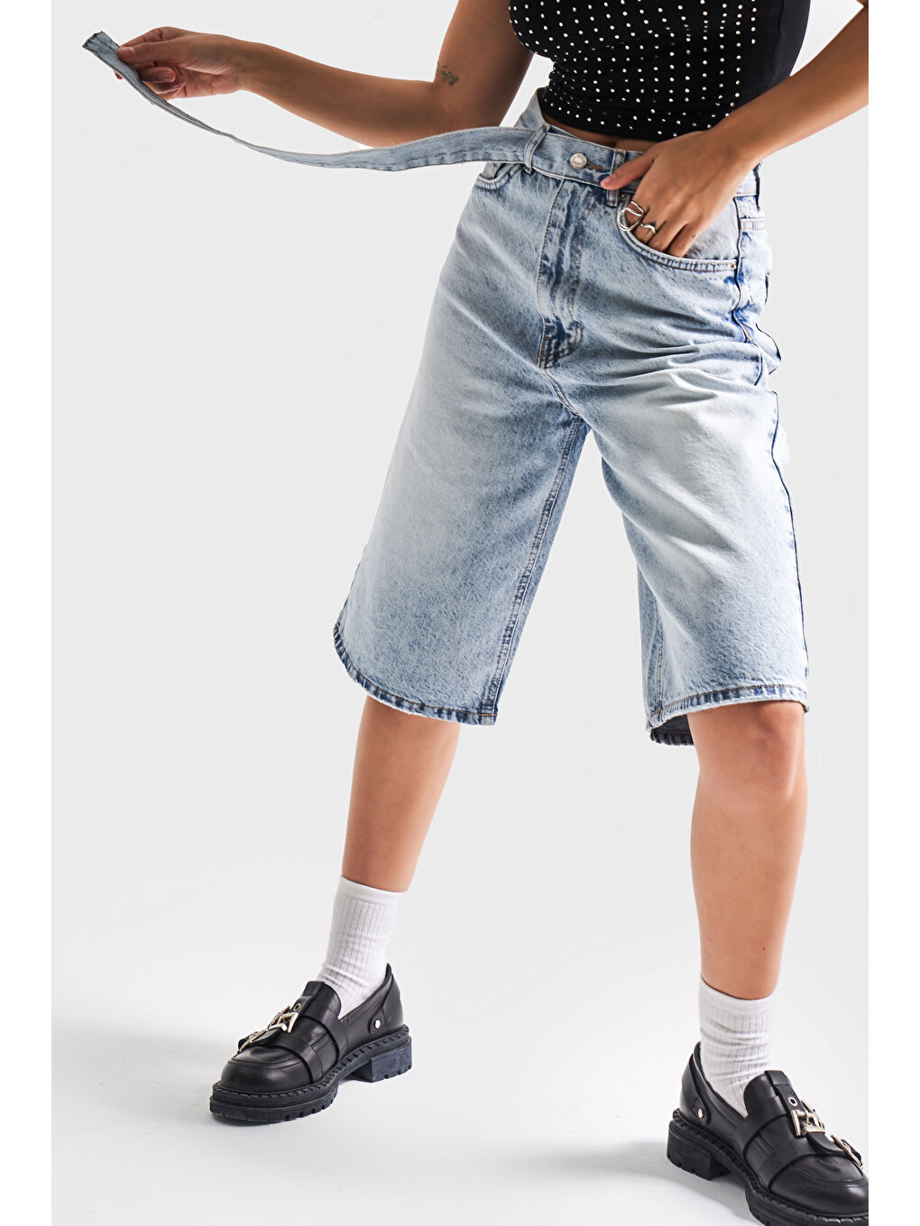 Mavi Kadın Snow Jean Rengi 4S5 3 Maxi Boy Kemer Detaylı  100 Pamuk Yüksek Bel Uzun Denim Şortolon-1