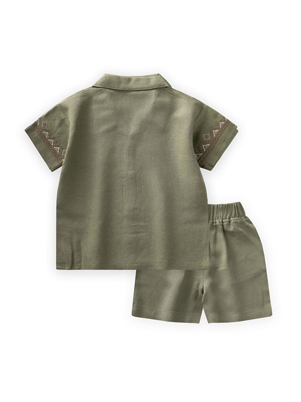 Kolları Nakışlı Gömlek Şort Keten Takım 2-7 Yaş Haki Yeşil-1