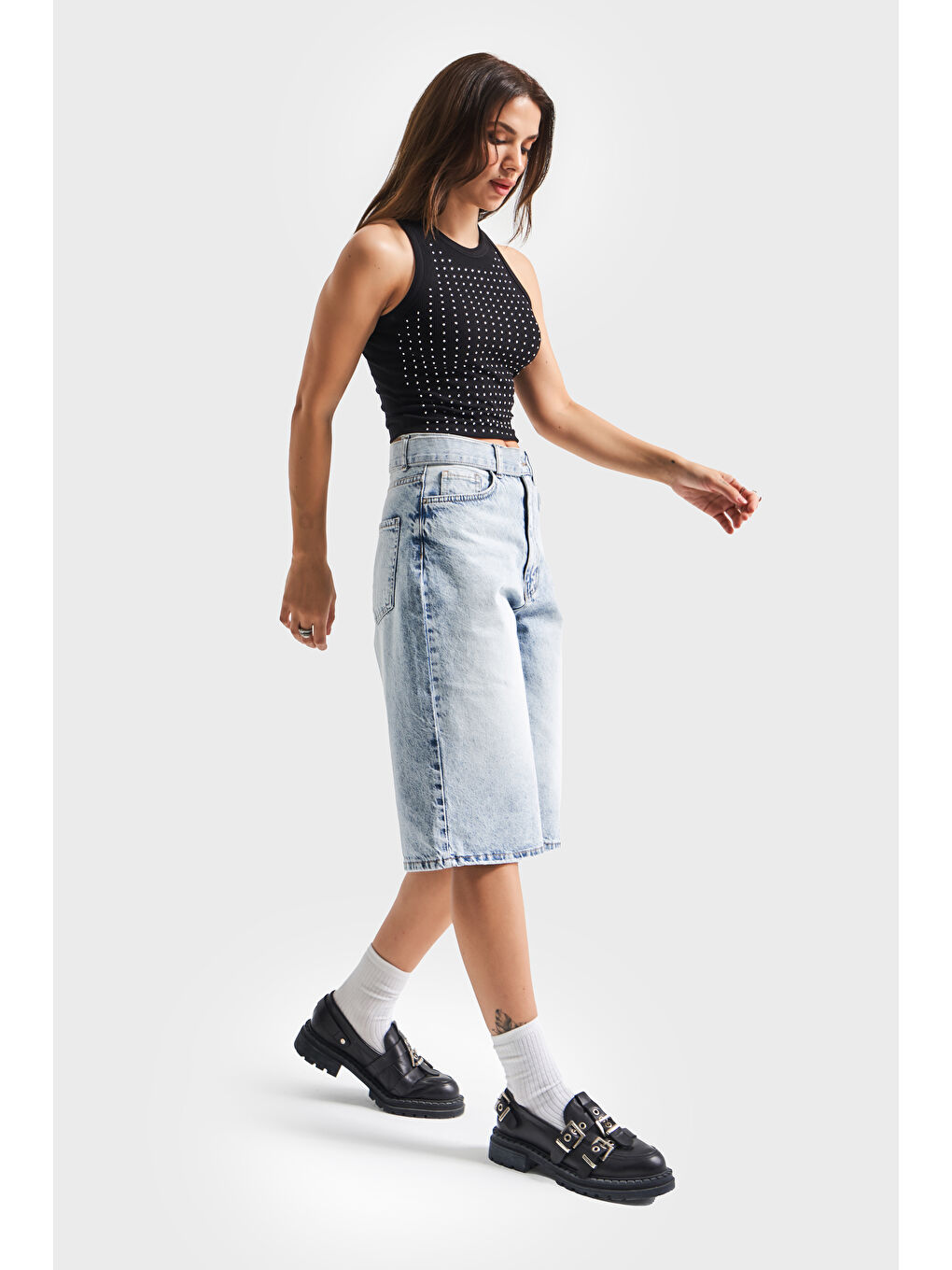 Mavi Kadın Snow Jean Rengi 4S5 3 Maxi Boy Kemer Detaylı  100 Pamuk Yüksek Bel Uzun Denim Şortolon-2