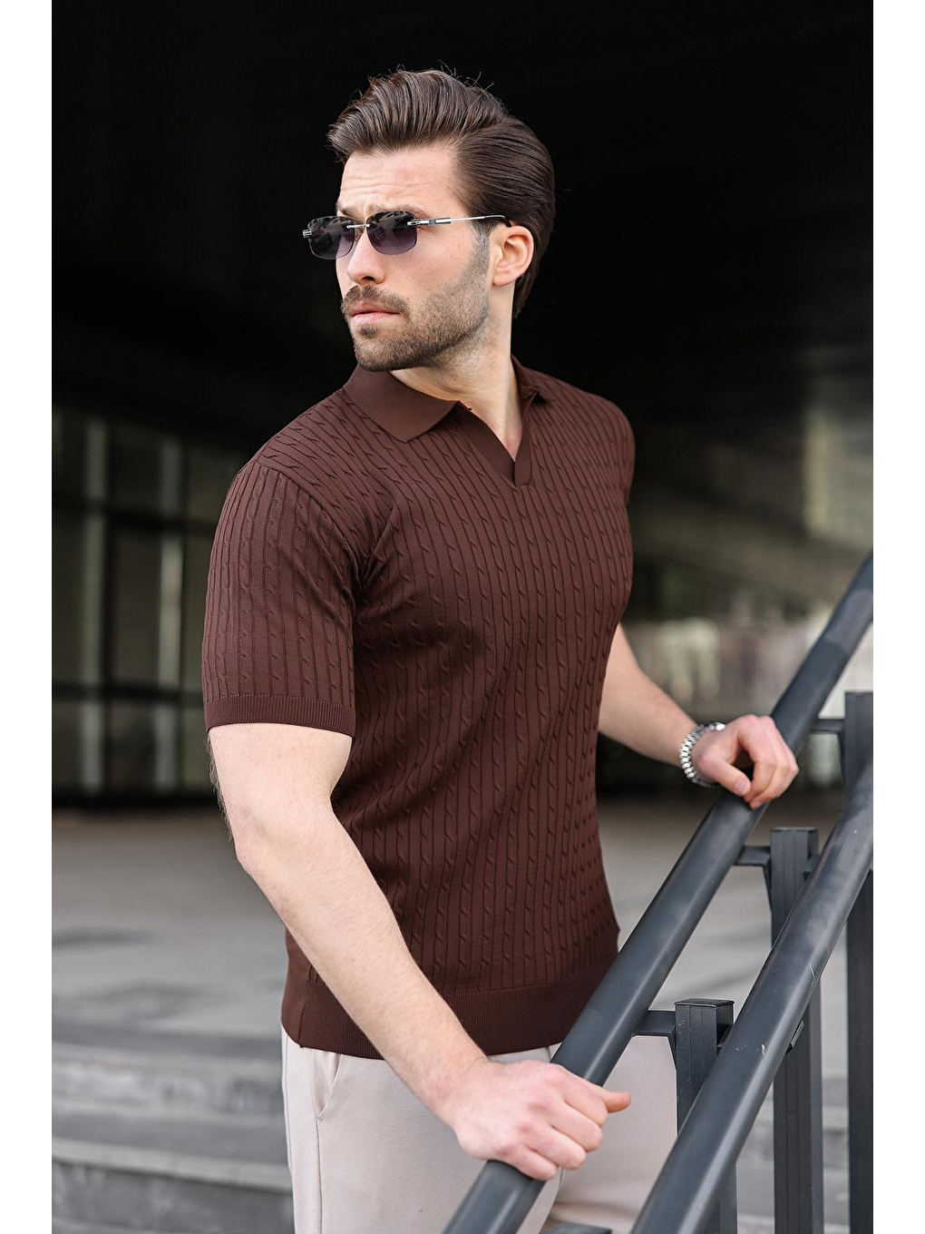 Kahverengi Slim Fit Polo Yaka Triko Erkek Tişört E7472-4