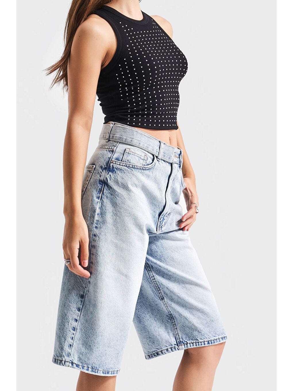 Mavi Kadın Snow Jean Rengi 4S5 3 Maxi Boy Kemer Detaylı  100 Pamuk Yüksek Bel Uzun Denim Şortolon-3