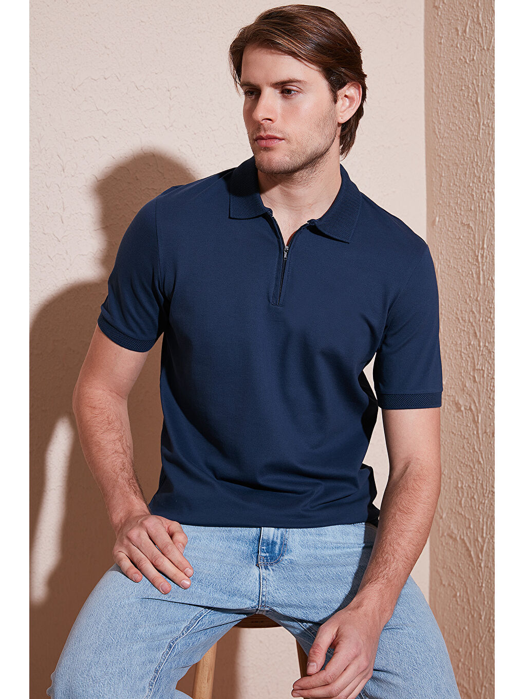 Buratti Indigo Pamuklu Regular Fit Yarım Fermuarlı Erkek Polo Yaka T Shirt 5901029