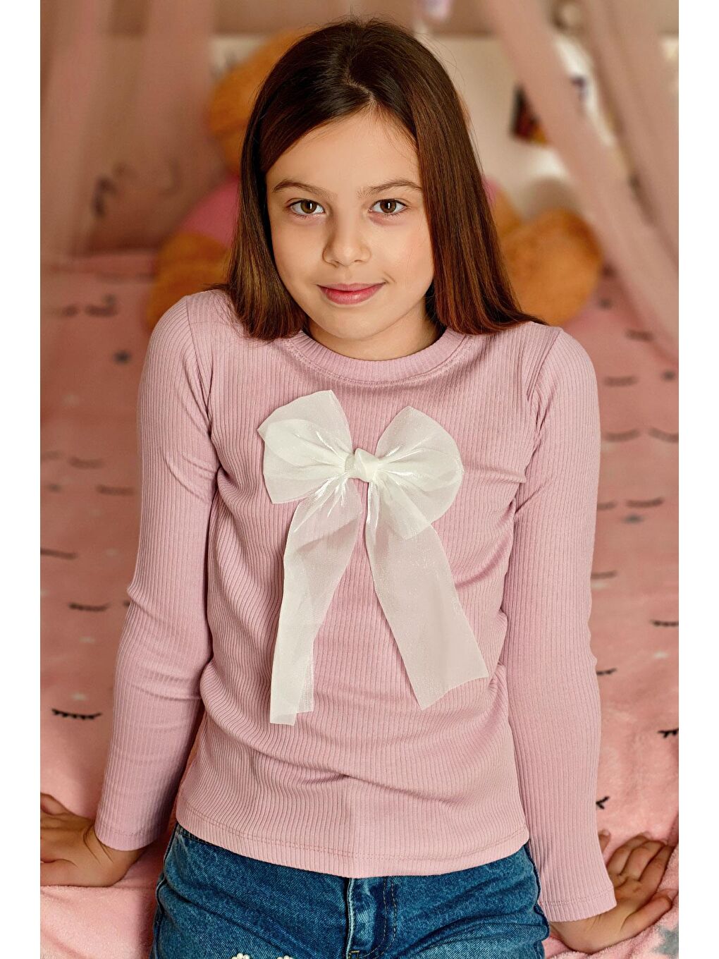 Kız Çocuk Uzun Kollu Tişört Fiyonk Aksesuarlı Lila (8-12 Yaş)-1