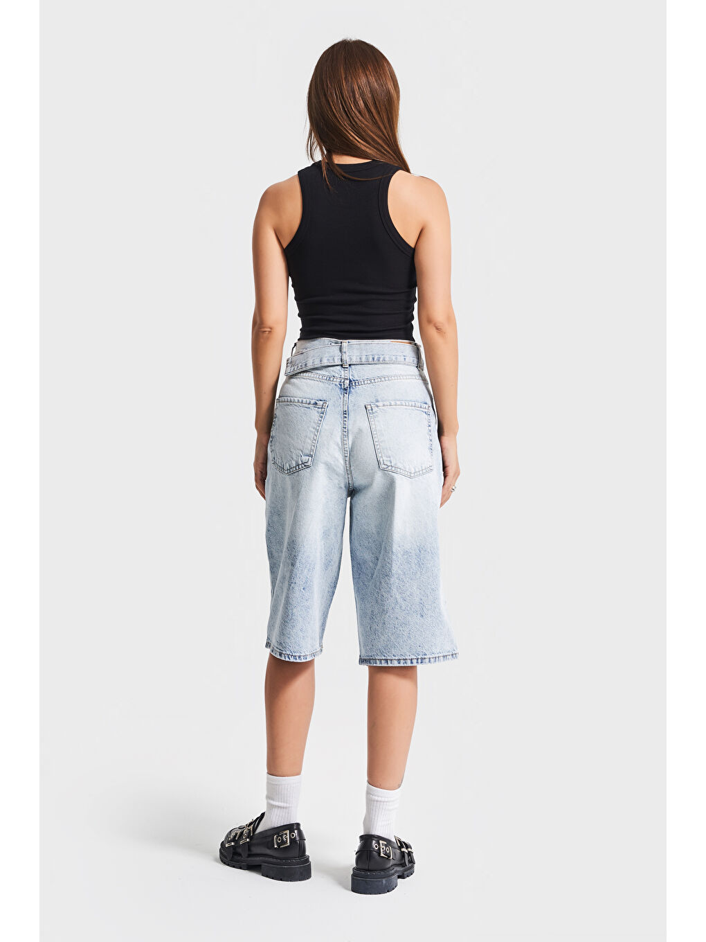 Mavi Kadın Snow Jean Rengi 4S5 3 Maxi Boy Kemer Detaylı  100 Pamuk Yüksek Bel Uzun Denim Şortolon-4