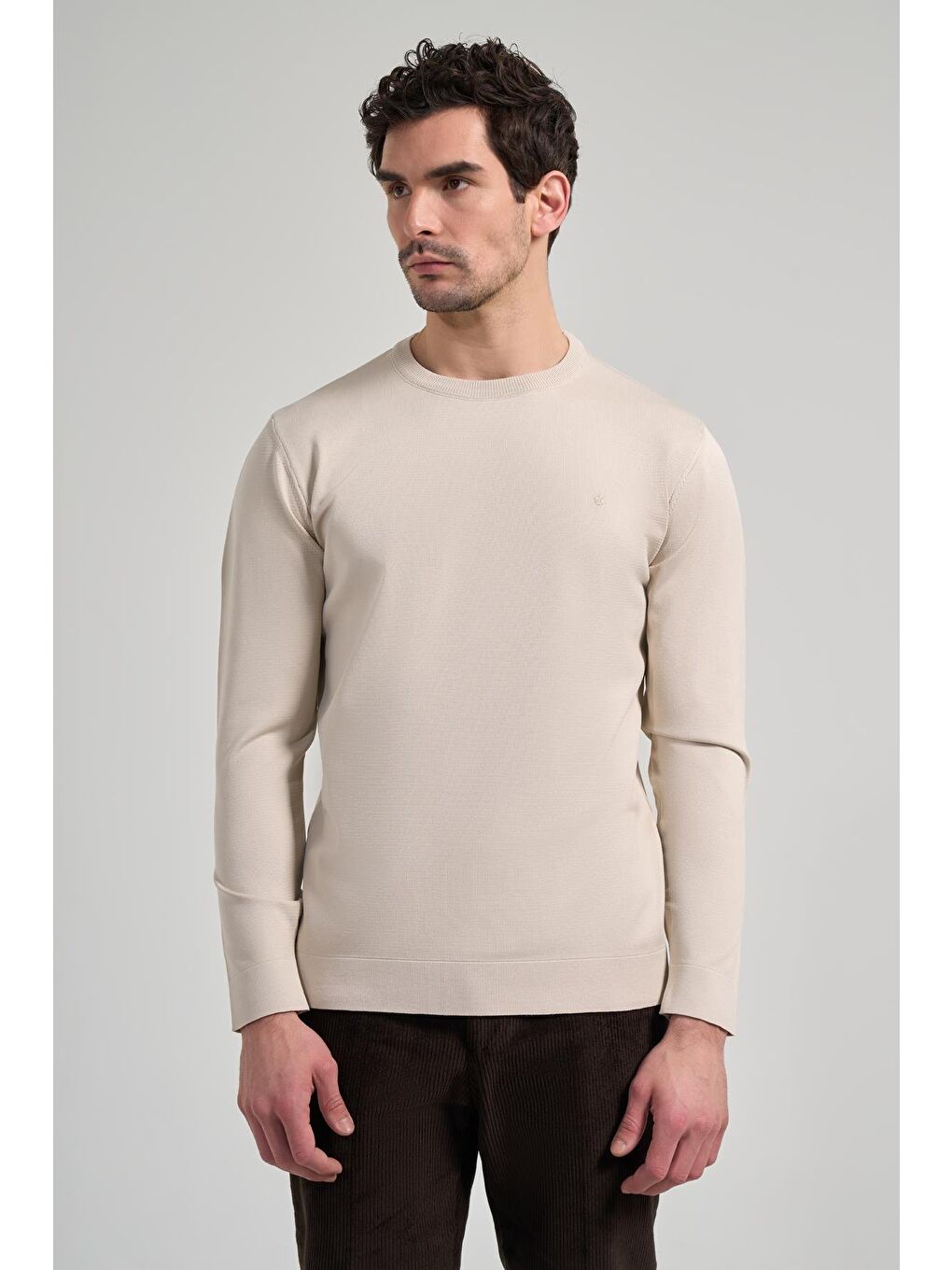 Bej Uzun Kol Düz Örme Bisiklet Yaka Cepsiz Pamuklu Slim Fit Triko 1012245163