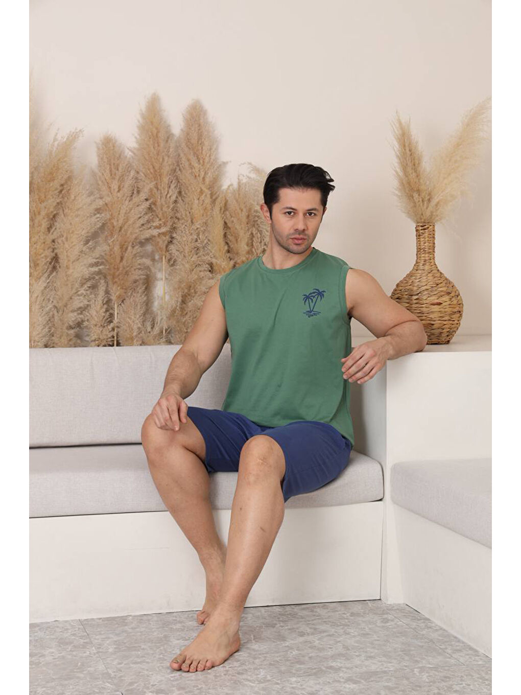 Yeşil %100 Pamuklu Kolsuz Cepli Erkek Şortlu Pijama Takımı 2011-3