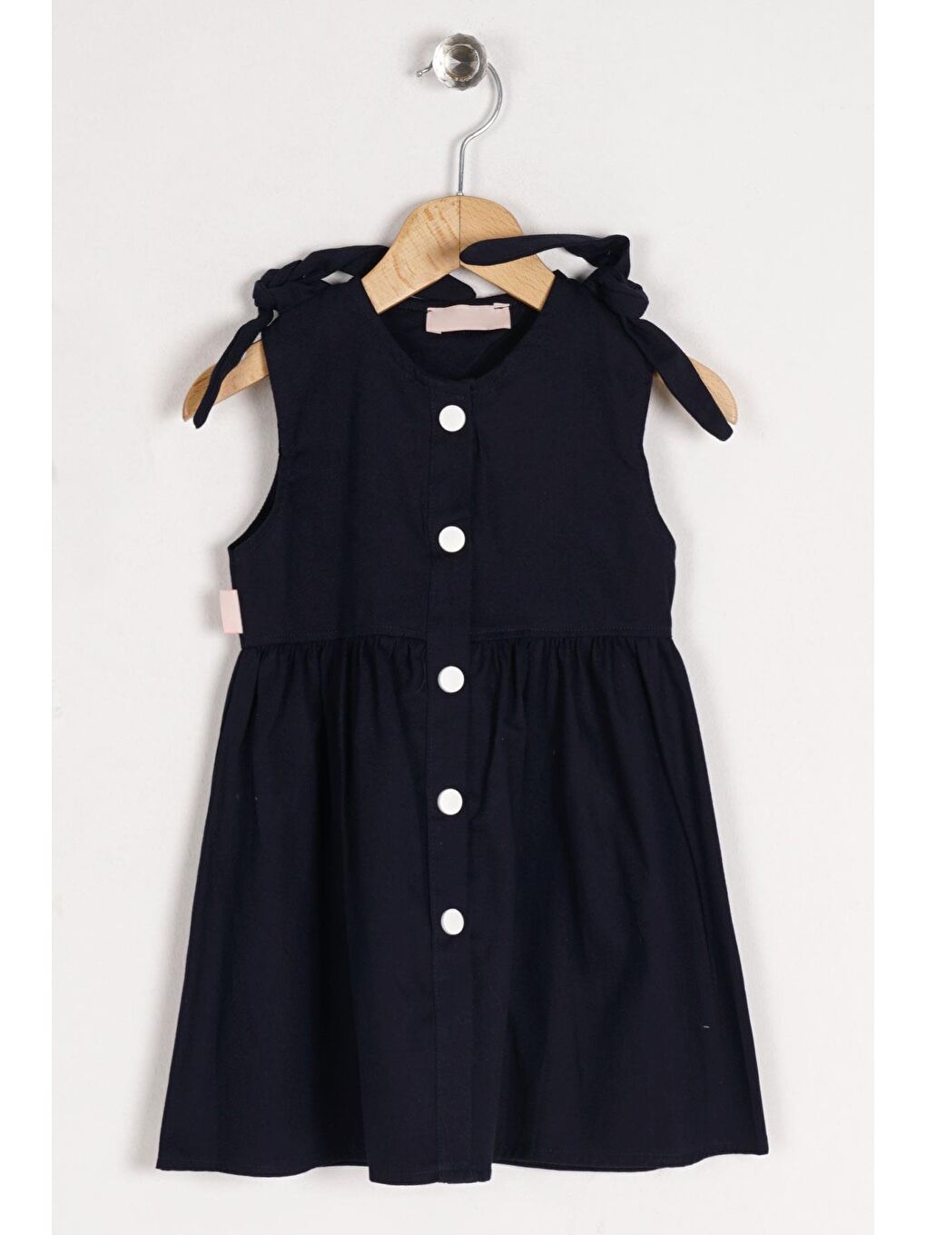 Bisiklet Yaka Sıfır Kol Çıtçıt Düğmeli Şapkalı Lacivert Renk Kız Çocuk Elbise-1