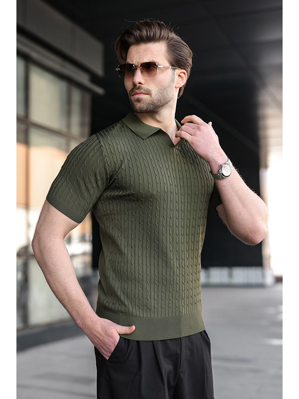 Haki Slim Fit Polo Yaka Triko Erkek Tişört E7472-4