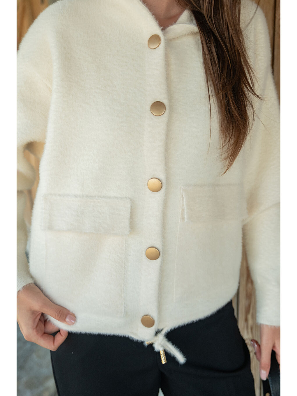 Kadın Kapüşonlu Kısa Triko Ceket Bej-4