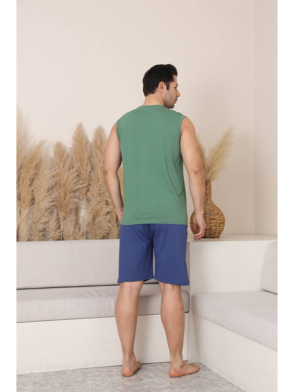 Yeşil %100 Pamuklu Kolsuz Cepli Erkek Şortlu Pijama Takımı 2011-4