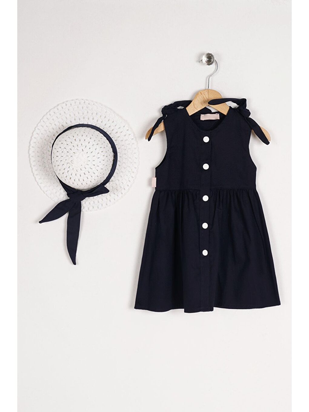 Bisiklet Yaka Sıfır Kol Çıtçıt Düğmeli Şapkalı Lacivert Renk Kız Çocuk Elbise-4