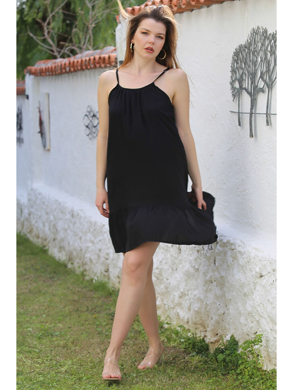 Siyah Eteği Fırfırlı Ayarlanabilir Askılı Casual Viskon Dokuma Elbise 105 66-4