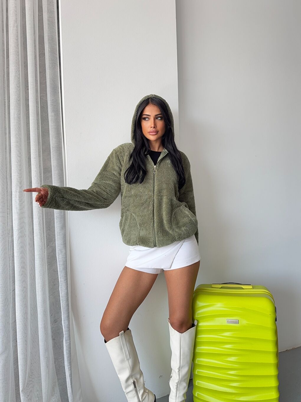 Fermuarlı Kapüşonlu Haki Polar Sweatshirt-4