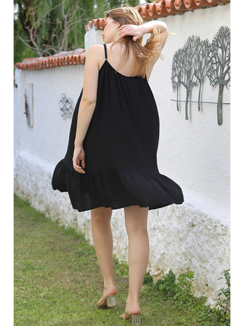 Siyah Eteği Fırfırlı Ayarlanabilir Askılı Casual Viskon Dokuma Elbise 105 66-6