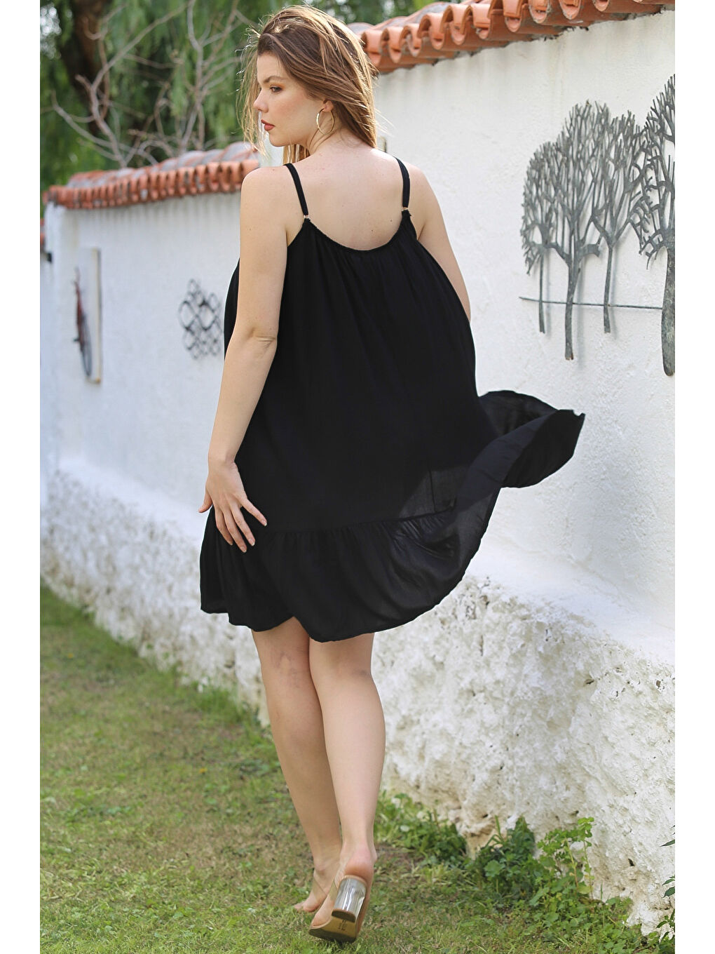 Siyah Eteği Fırfırlı Ayarlanabilir Askılı Casual Viskon Dokuma Elbise 105 66-7