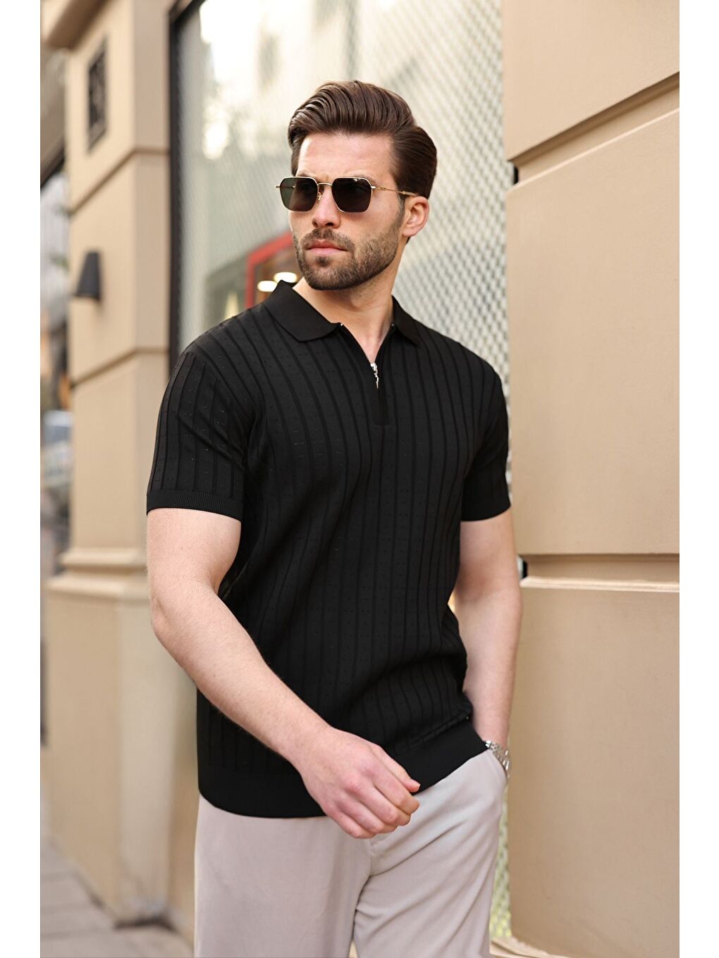 Siyah Polo Yaka Slim Fit Triko Erkek Tişört E7465-1