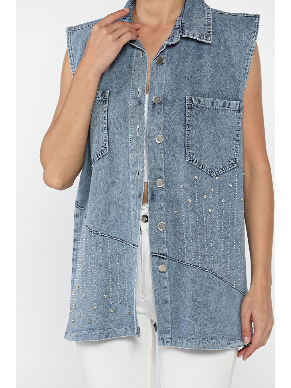 Mavi Kadın Çift Cepli Taş İşlemeli Jean Yelek-1