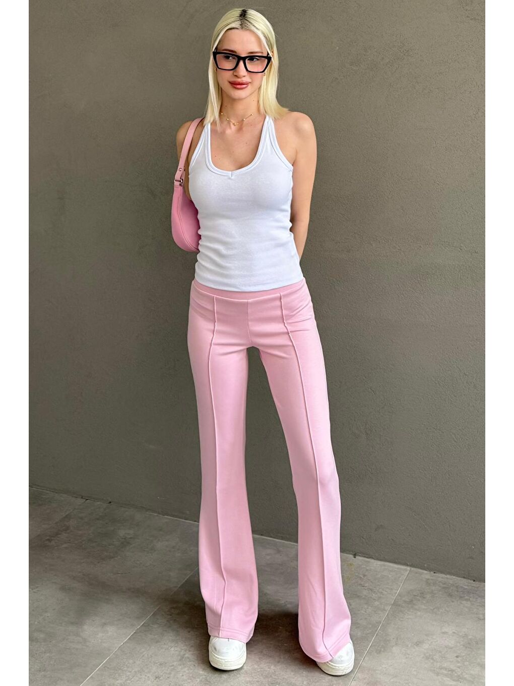 Pembe Yüksek Bel Flare Paça Günlük Kadın Pantolon Mg2645-3