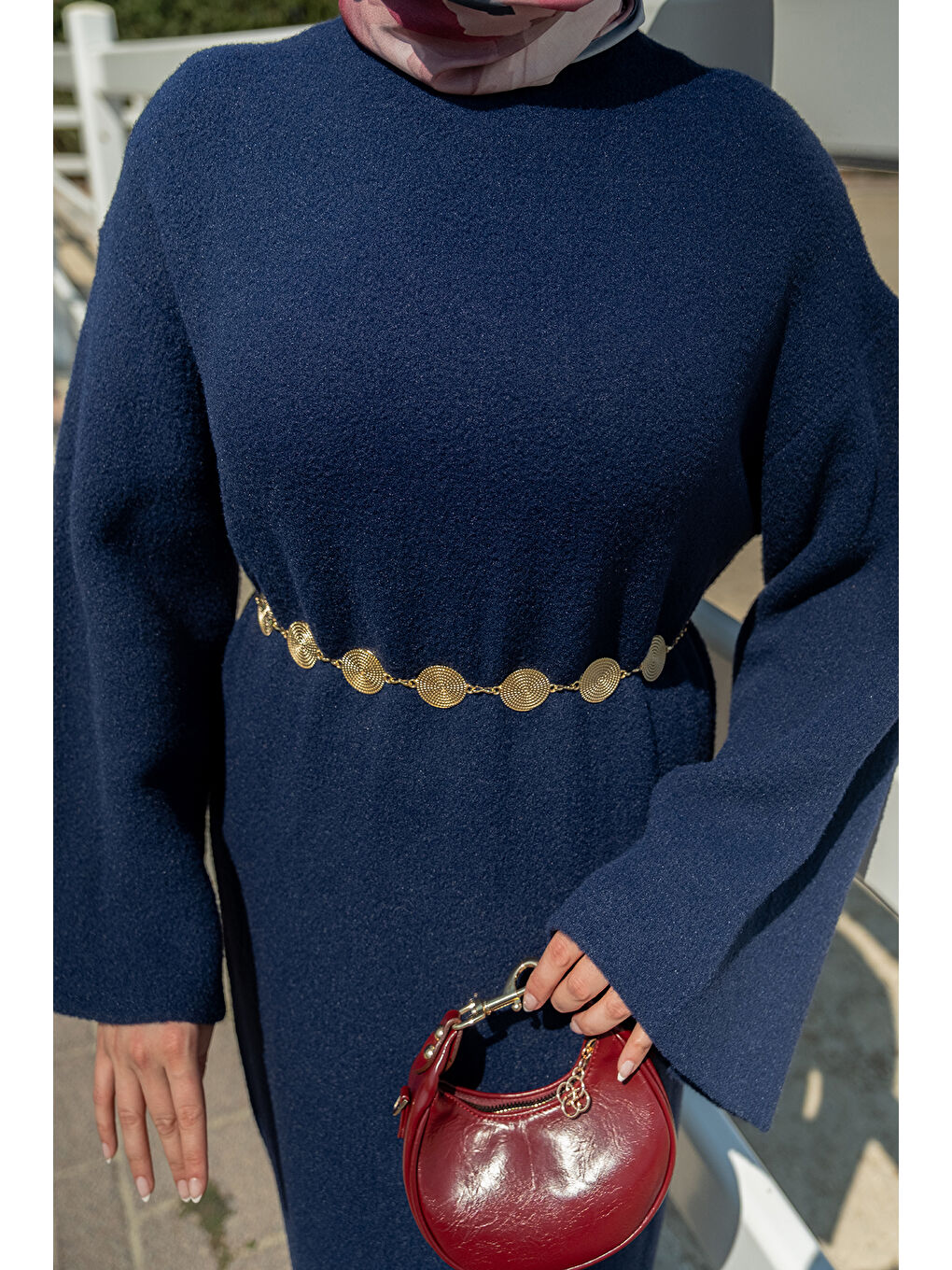 Kadın Kemerli Triko Elbise Lacivert-4