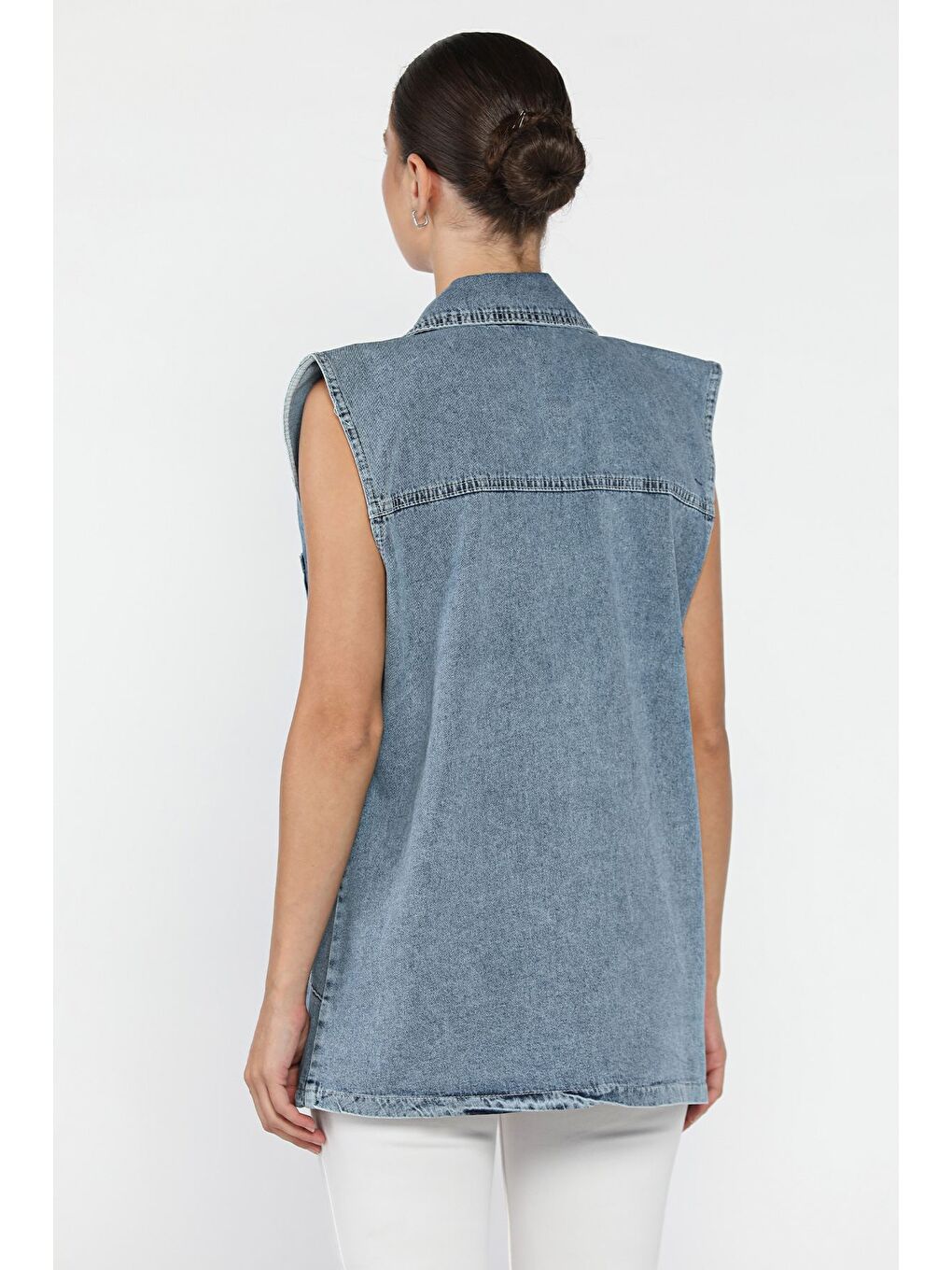 Mavi Kadın Çift Cepli Taş İşlemeli Jean Yelek-2