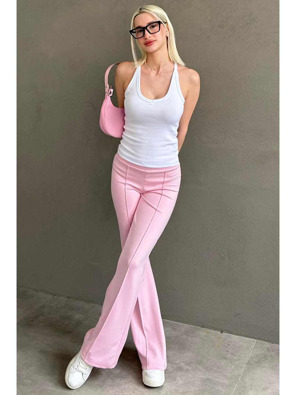 Pembe Yüksek Bel Flare Paça Günlük Kadın Pantolon Mg2645-4