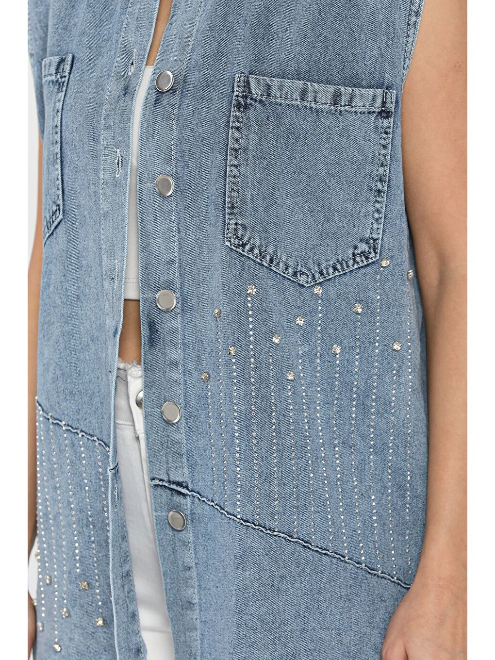 Mavi Kadın Çift Cepli Taş İşlemeli Jean Yelek-3