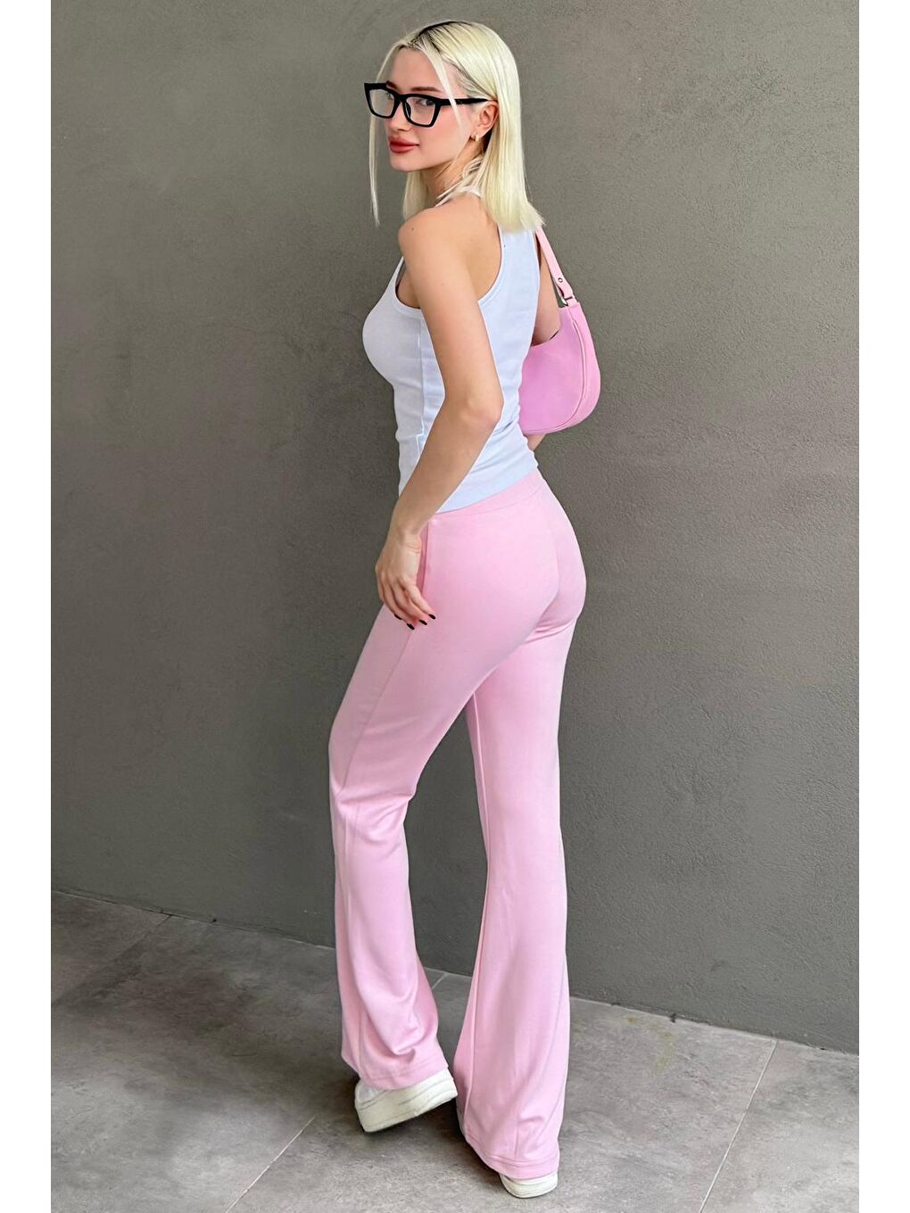 Pembe Yüksek Bel Flare Paça Günlük Kadın Pantolon Mg2645-5