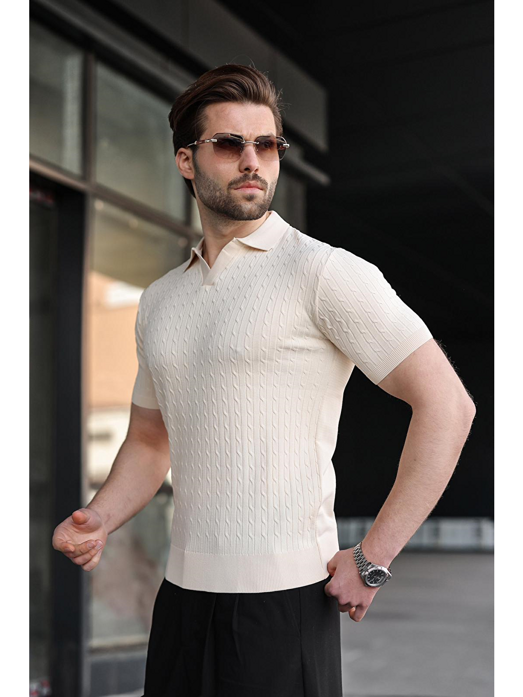 Bej Taş Rengi Slim Fit Polo Yaka Triko Erkek Tişört E7472