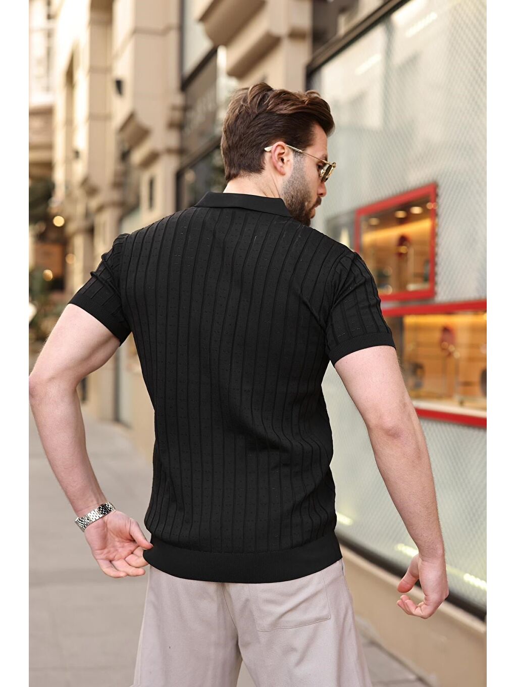 Siyah Polo Yaka Slim Fit Triko Erkek Tişört E7465-3