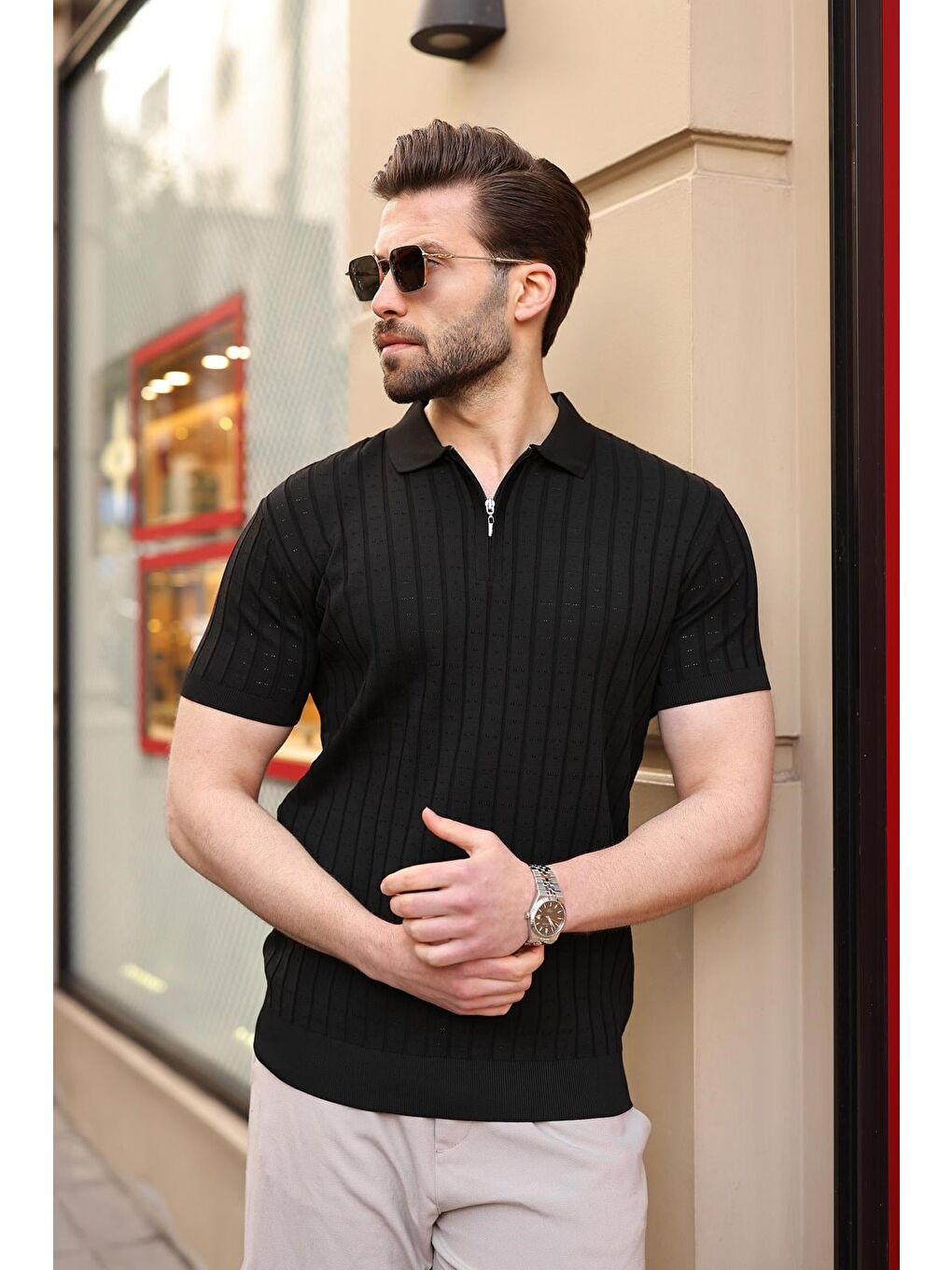 Siyah Polo Yaka Slim Fit Triko Erkek Tişört E7465-4
