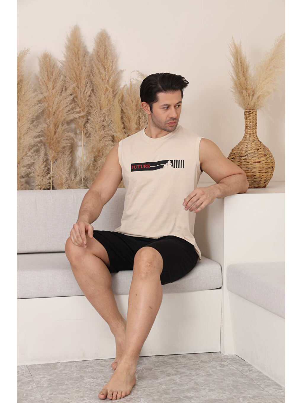 Ekru %100 Pamuklu Kolsuz Cepli Erkek Şortlu Pijama Takımı 2011-3