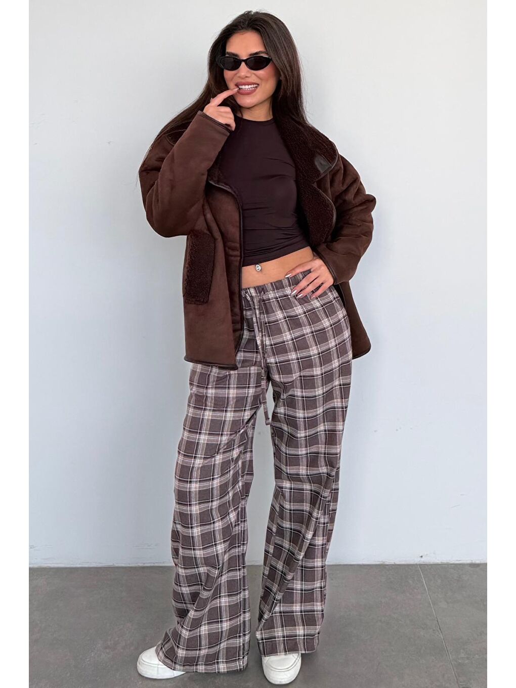 Acı Kahverengi Lastikli Bel Geniş Paça Ekose Pantolon Mg2658