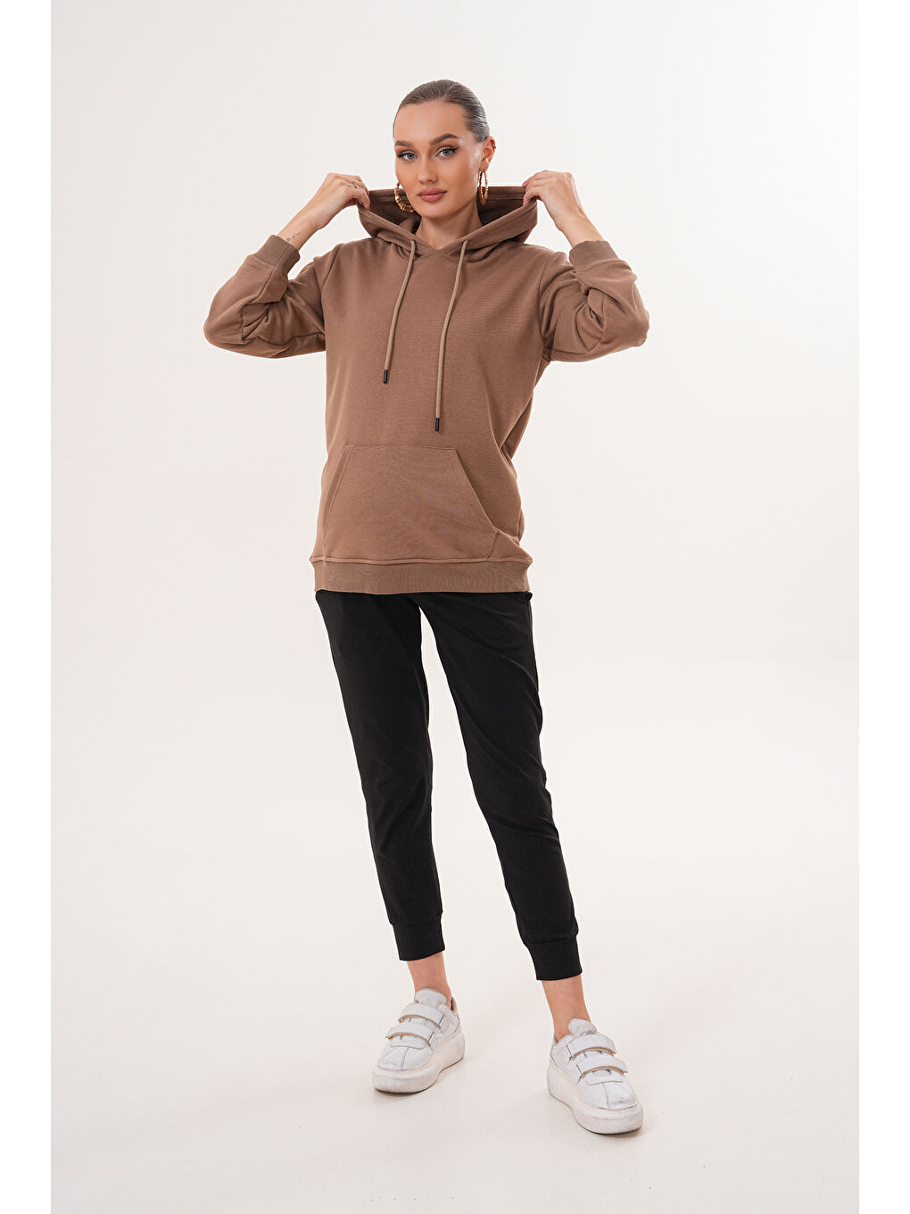 Kahverengi %100 Pamuk Hamile ve Lohusa Basic Kapüşonlu Sweatshirt