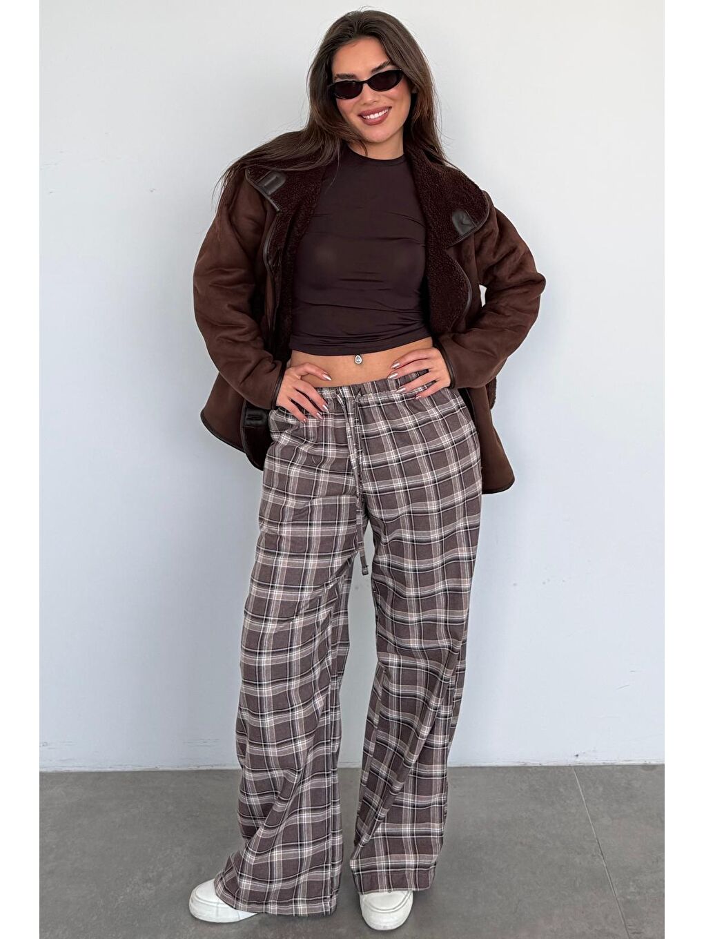 Acı Kahverengi Lastikli Bel Geniş Paça Ekose Pantolon Mg2658-2