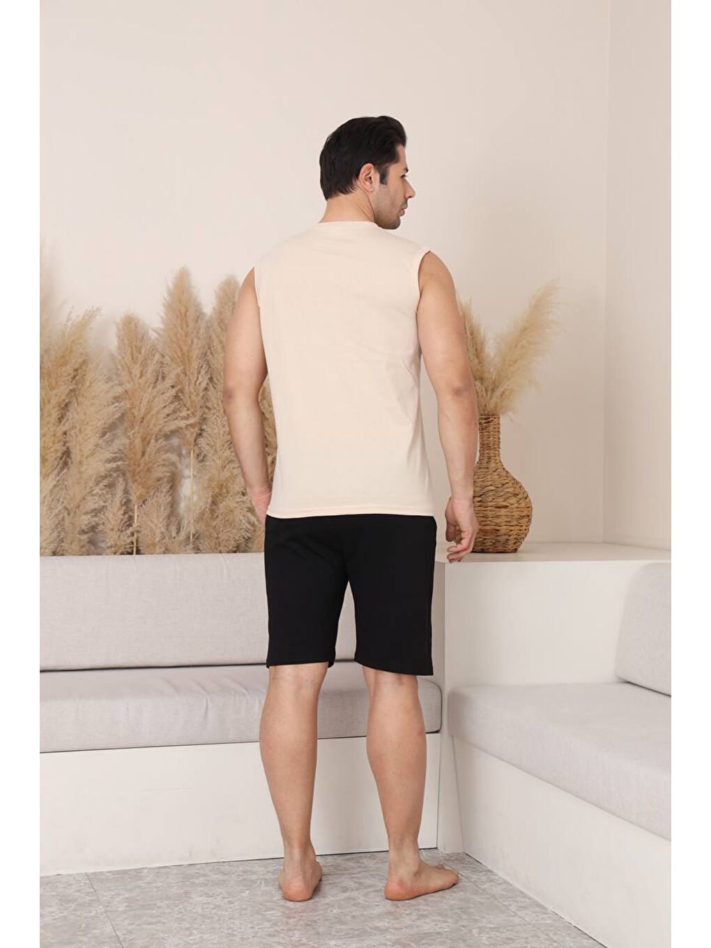 Ekru %100 Pamuklu Kolsuz Cepli Erkek Şortlu Pijama Takımı 2011-4