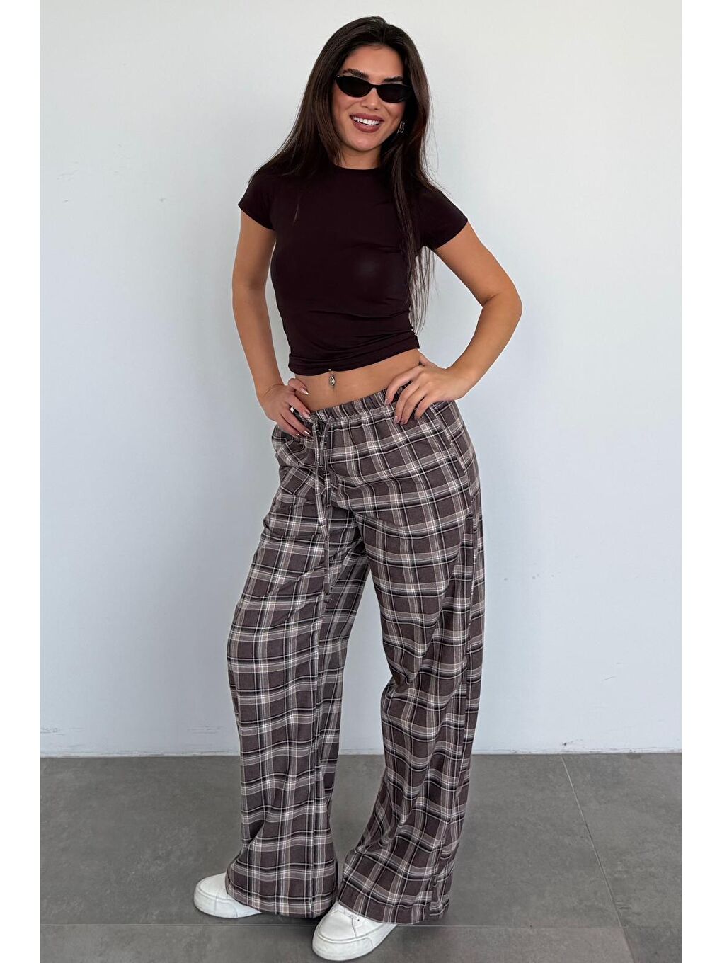 Acı Kahverengi Lastikli Bel Geniş Paça Ekose Pantolon Mg2658-3