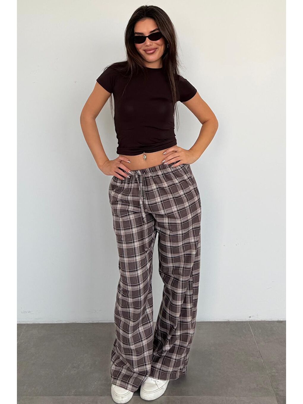 Acı Kahverengi Lastikli Bel Geniş Paça Ekose Pantolon Mg2658-4