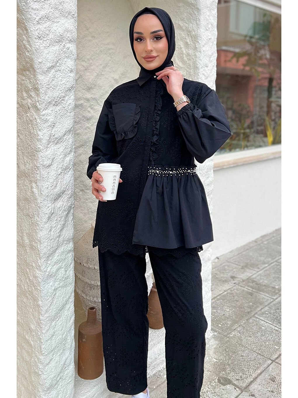 Siyah Kadın Taşlı Ve Fırfırlı Tek Cepli Tesettür Fistolu Gömlek (S-M-L Beden Uyumludur.)-3