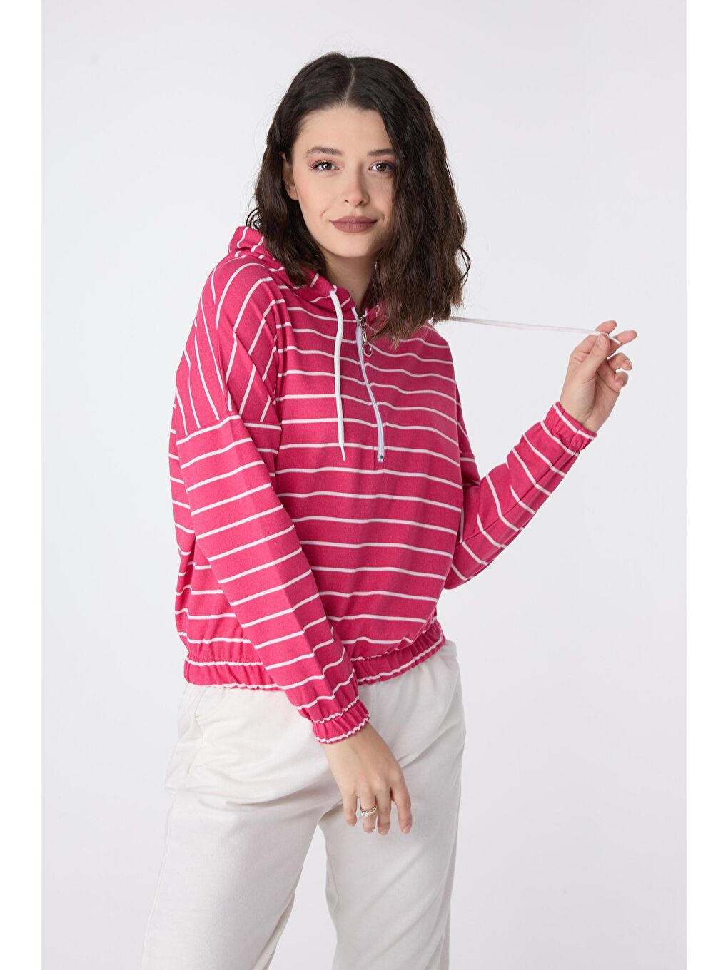 Kapüşonlu Yaka Kadın Fuşya Kapüşonlu Sweat - 23893-1