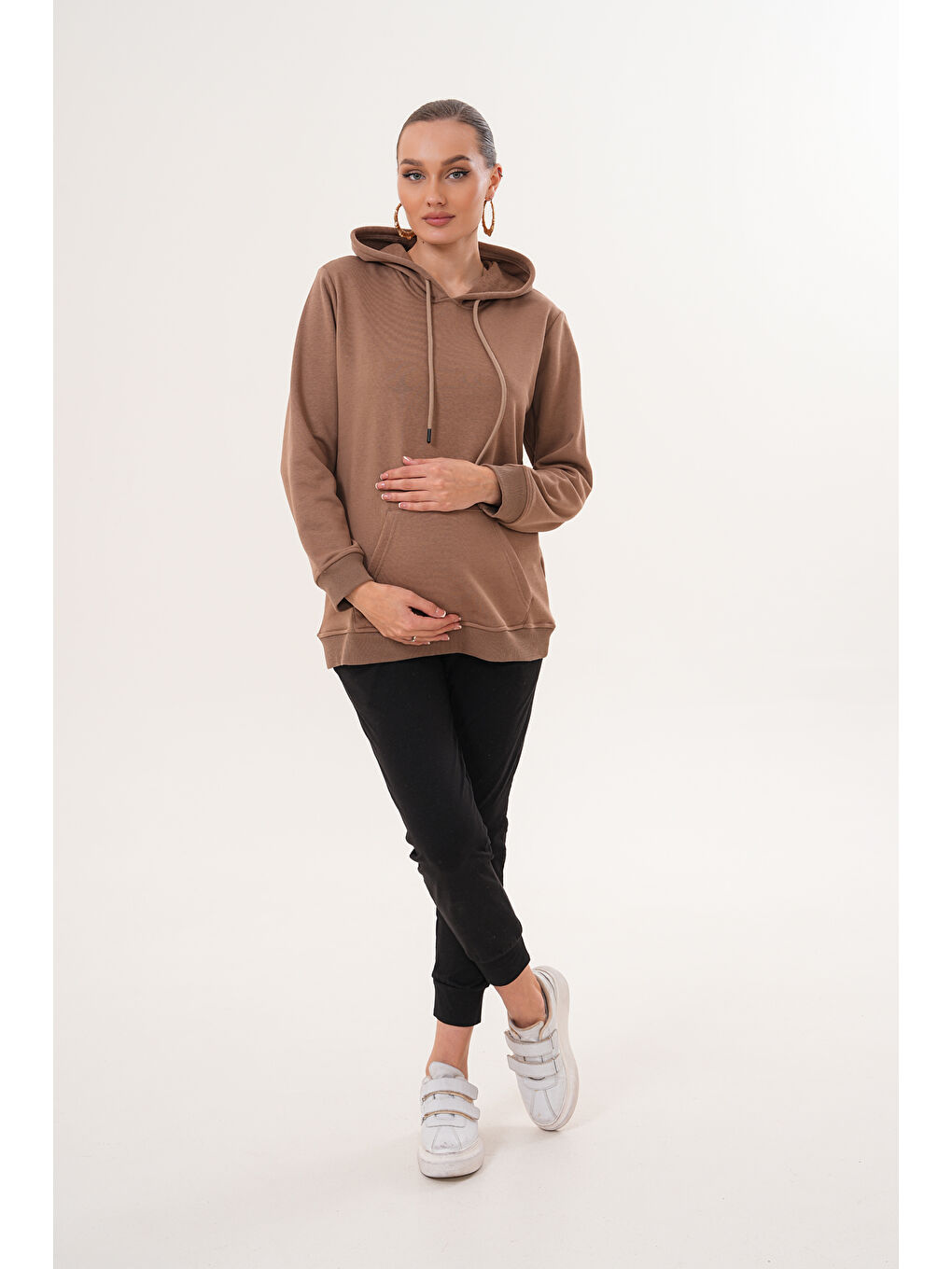 Kahverengi %100 Pamuk Hamile ve Lohusa Basic Kapüşonlu Sweatshirt-1