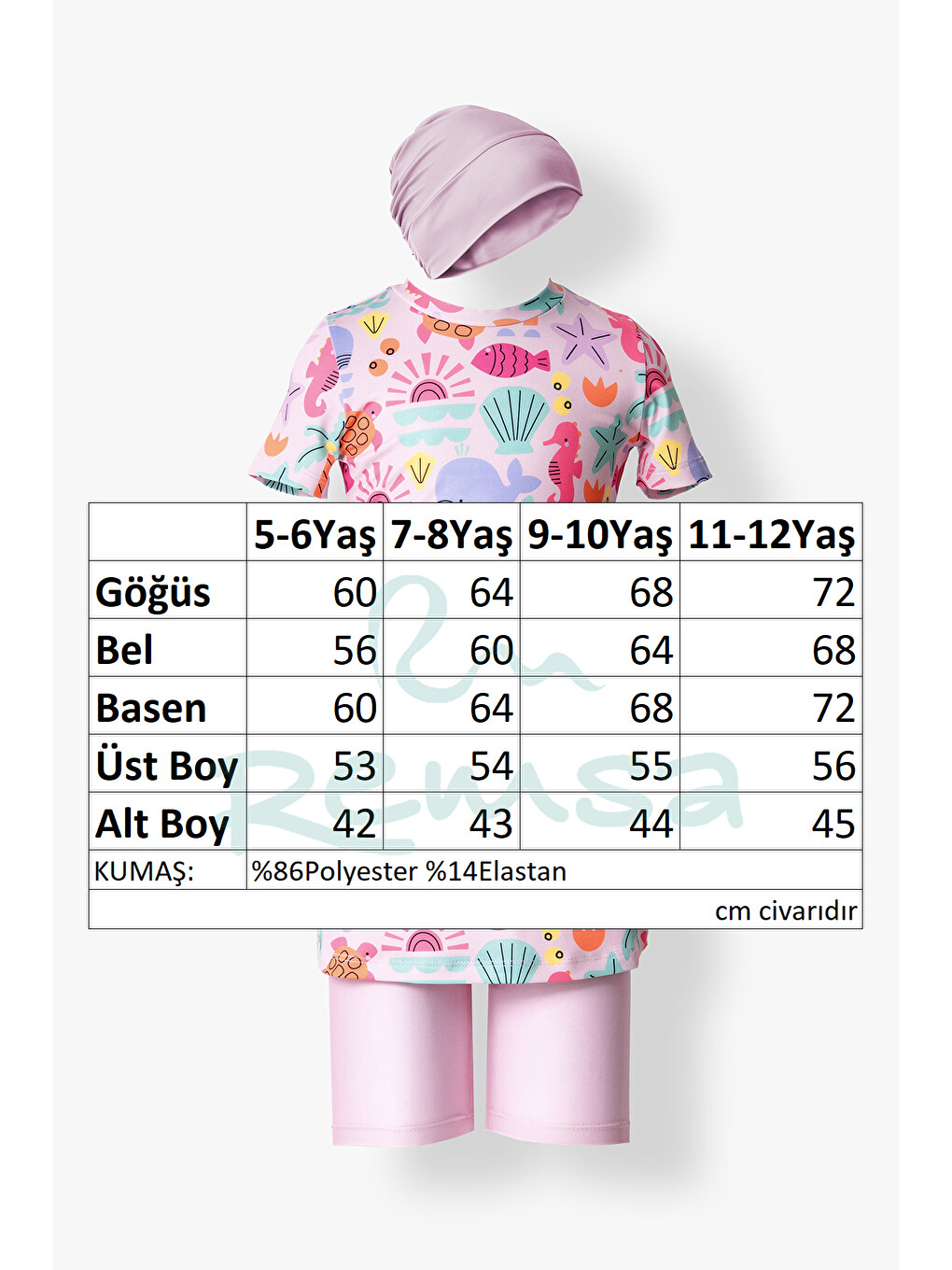 Kız Çocuk Kısa Kollu Taytlı Elastanlı Yarı Kapalı Mayo 2905 Açık Pembe-2
