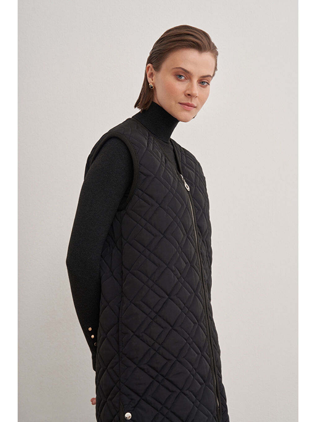 Siyah 9142111 Fermuarlı V Yaka Yelek-2