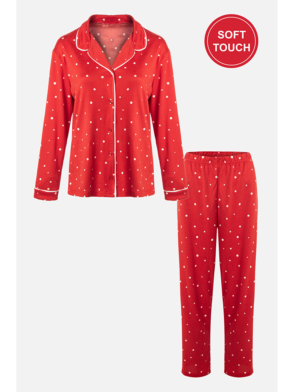 Kadın Soft Touch Kırmızı Puanlı Desenli Gömlek Yaka Uzun Kollu Pijama Takımı