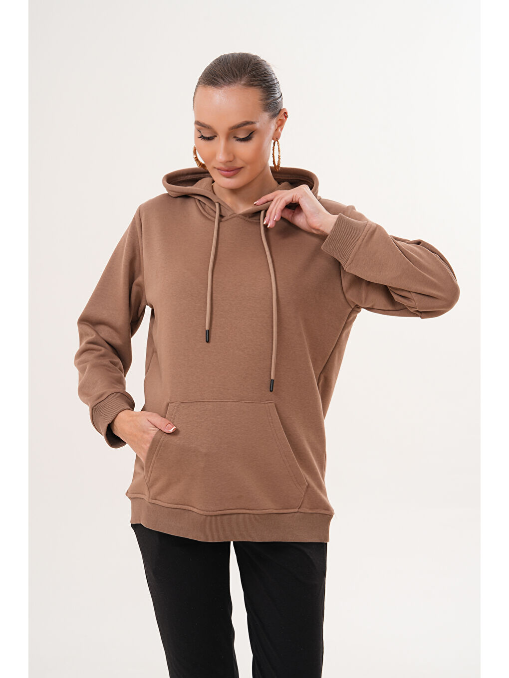 Kahverengi %100 Pamuk Hamile ve Lohusa Basic Kapüşonlu Sweatshirt-2