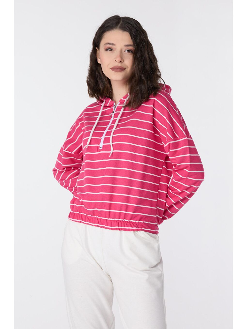 Kapüşonlu Yaka Kadın Fuşya Kapüşonlu Sweat - 23893-2